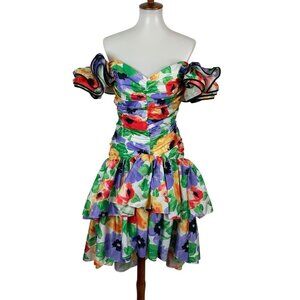 Karen Lucas For Niki Vintage Ruffle Dress 10 Hi-Low Floral Back Zip Lined